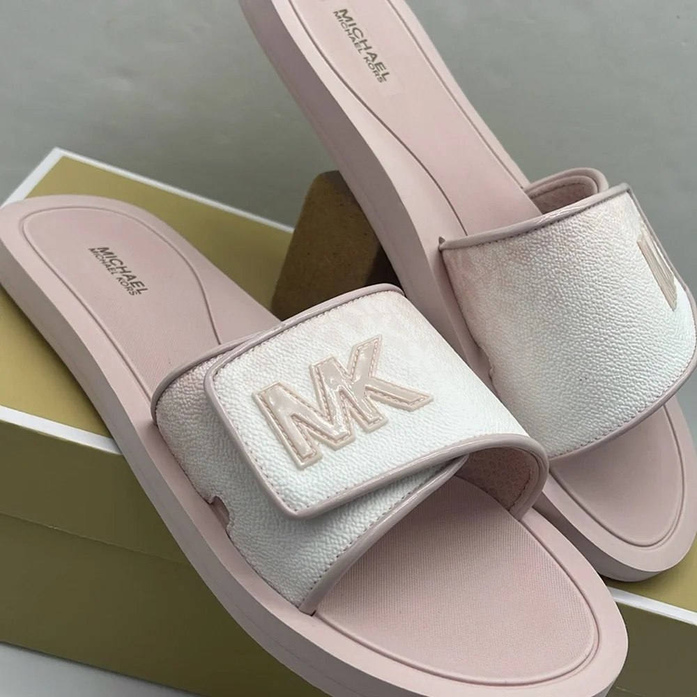 Michael Kors Slide Logo Sandals Palmer Ombré Signature Powder Blush Multi  NWT